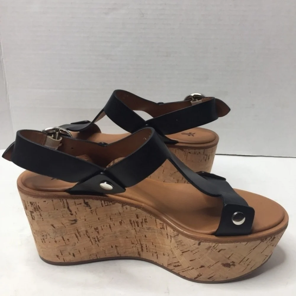 FRYE // dahlia black leather upper rivet detail platform cork wedge sandals